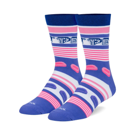 crew length pez stripes socks in blue with pink and white stripes and small pink candies for men and women.  