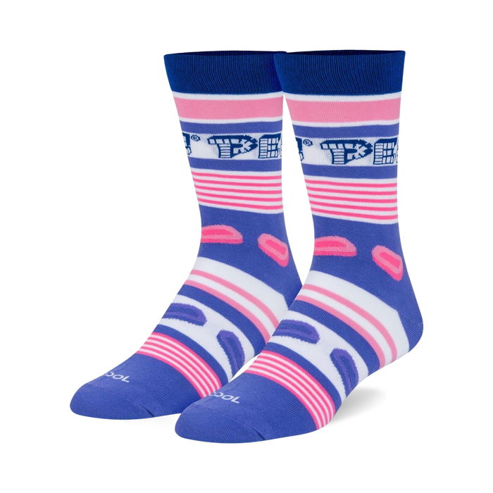 crew length pez stripes socks in blue with pink and white stripes and small pink candies for men and women.  