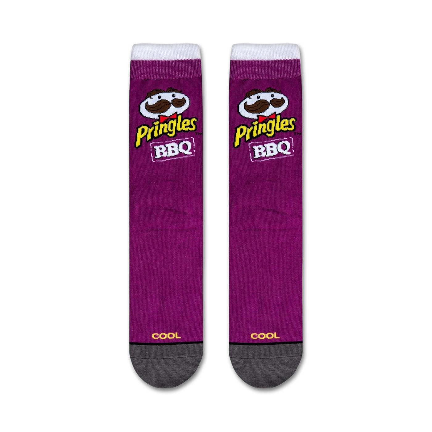Flatlay showcasing a pair of purple Pringles BBQ socks.