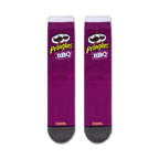 Flatlay showcasing a pair of purple Pringles BBQ socks.