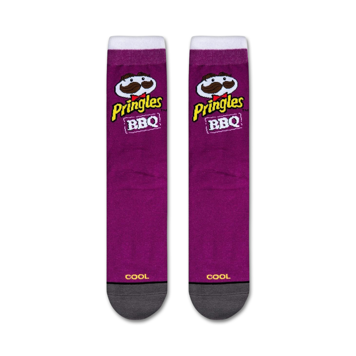 Flatlay showcasing a pair of purple Pringles BBQ socks.