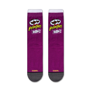 A purple sock with a Pringles logo on it. The logo is of a cartoon character with a mustache and a red bow tie. The word 