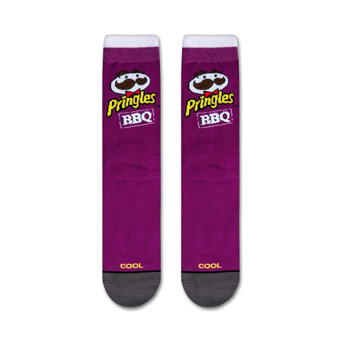 A purple sock with a Pringles logo on it. The logo is of a cartoon character with a mustache and a red bow tie. The word 