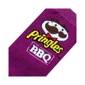 Close-up detail shot of the Pringles BBQ mascot on a purple sock.