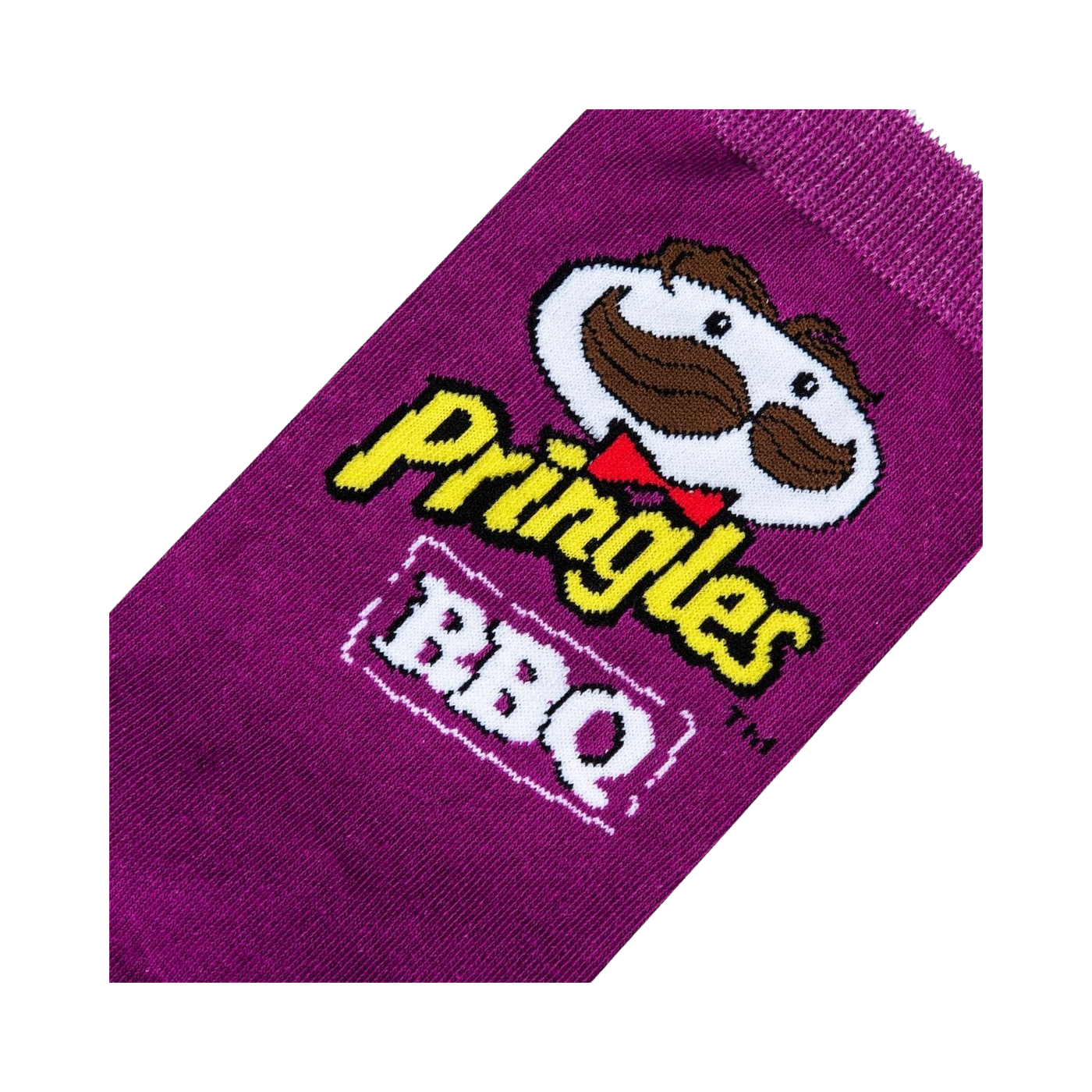 Close-up detail shot of the Pringles BBQ mascot on a purple sock.