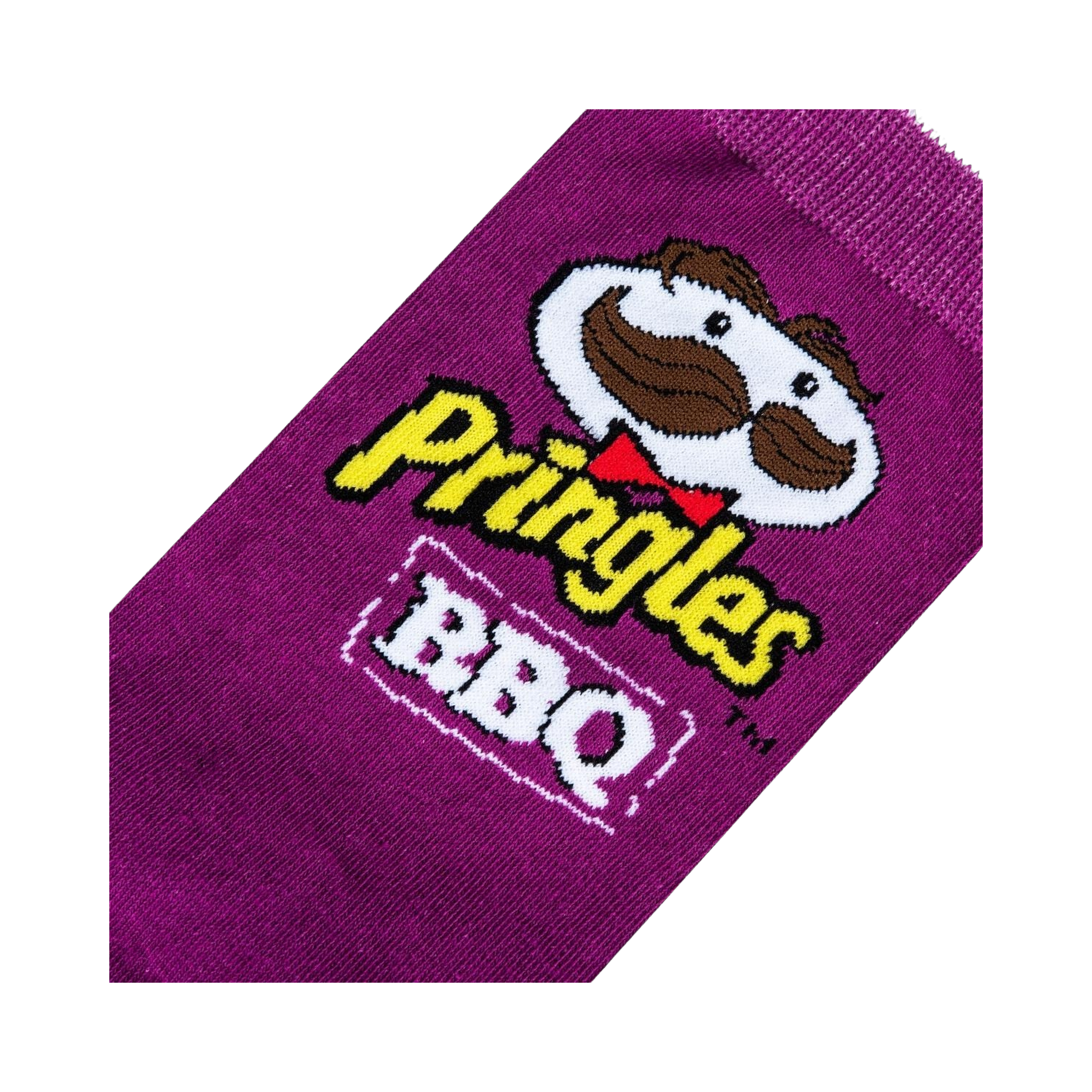 Close-up detail shot of the Pringles BBQ mascot on a purple sock.