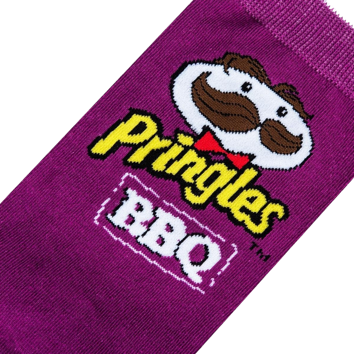 A purple sock with a Pringles logo on it. The logo is of a cartoon character with a mustache and a red bow tie. The word 