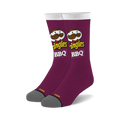 Pair of purple crew socks with Pringles BBQ logo and mascot design.  Features a grey and yellow heel and toe.