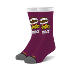 Pair of purple crew socks with Pringles BBQ logo and mascot design.  Features a grey and yellow heel and toe.