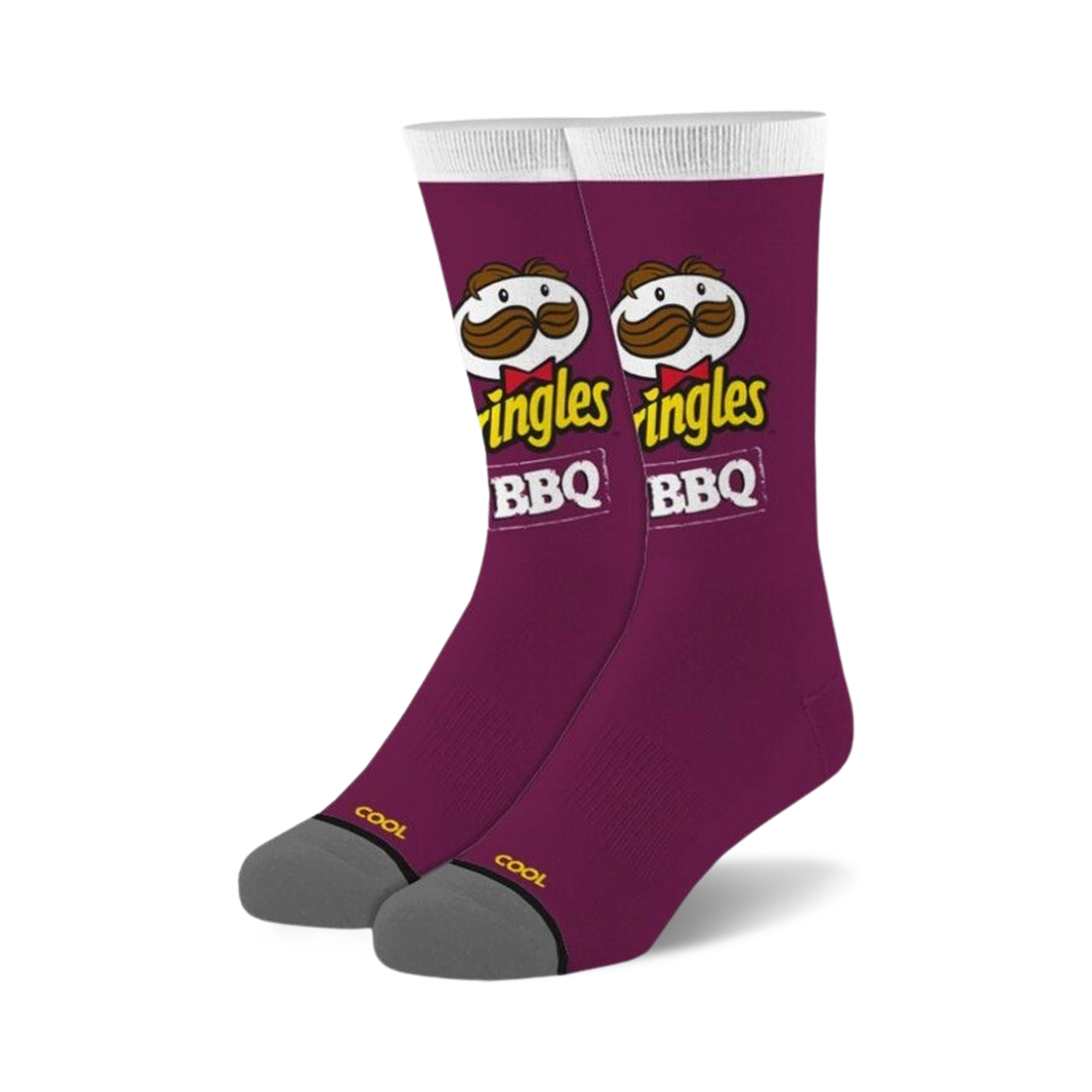 Pair of purple crew socks with Pringles BBQ logo and mascot design.  Features a grey and yellow heel and toe.