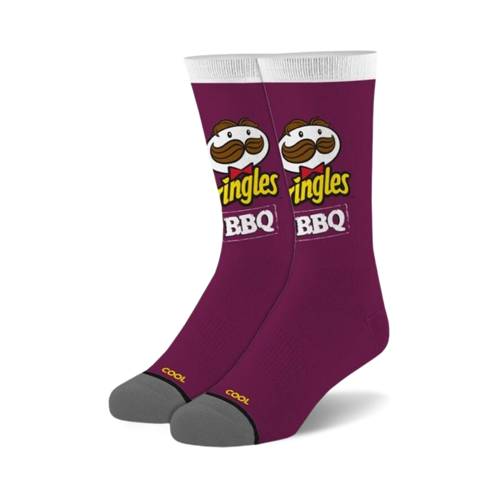 pringles bbq crew socks in purple with white toe, heel, and top featuring repeating pringles logo including julius pringles. for men and women.   