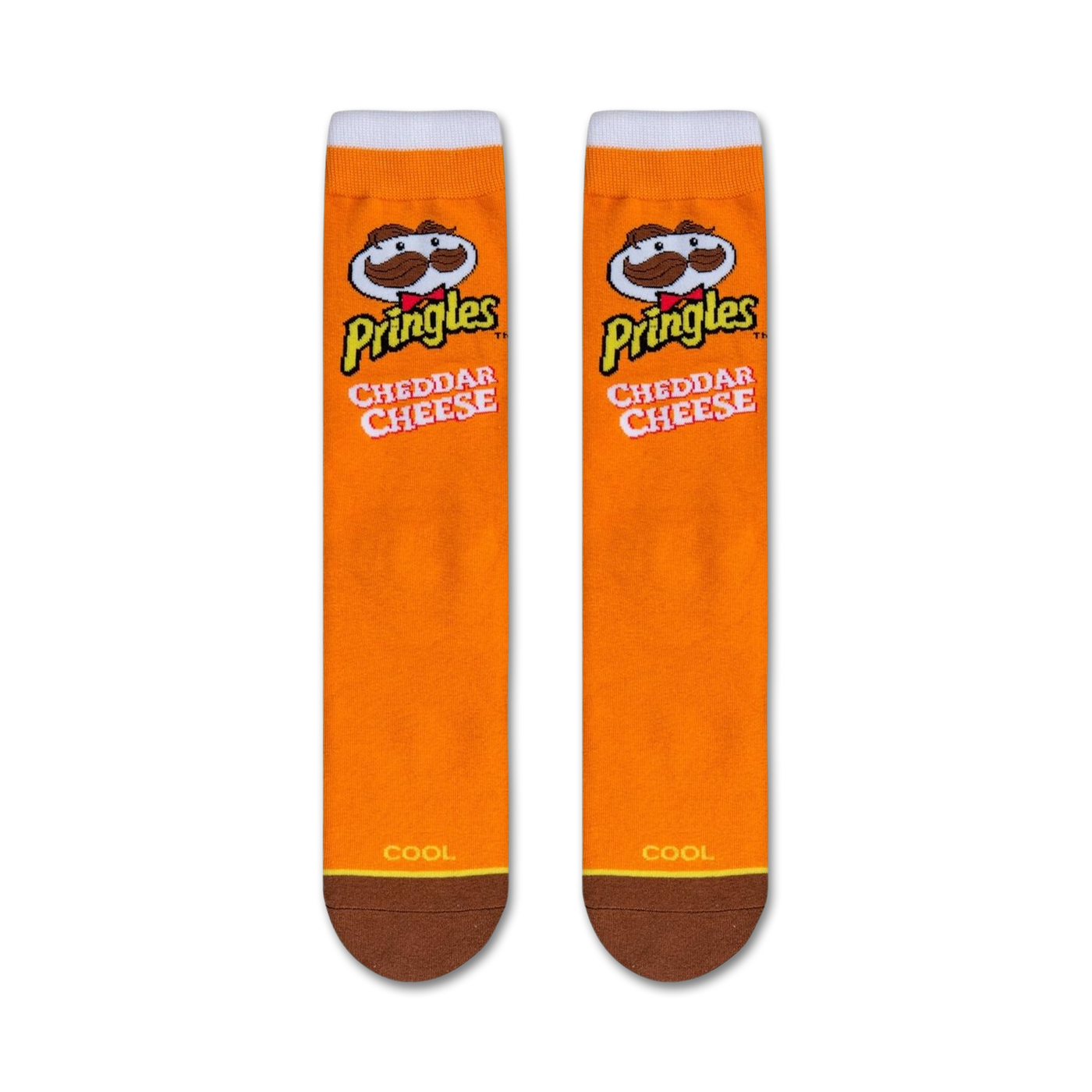 Flatlay showcasing two Pringles Cheddar Cheese socks. Shows full sock design.