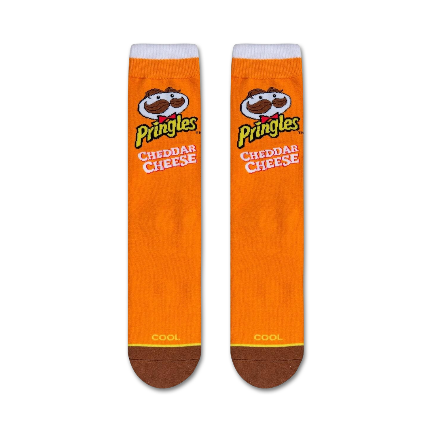 Flatlay showcasing two Pringles Cheddar Cheese socks. Shows full sock design.
