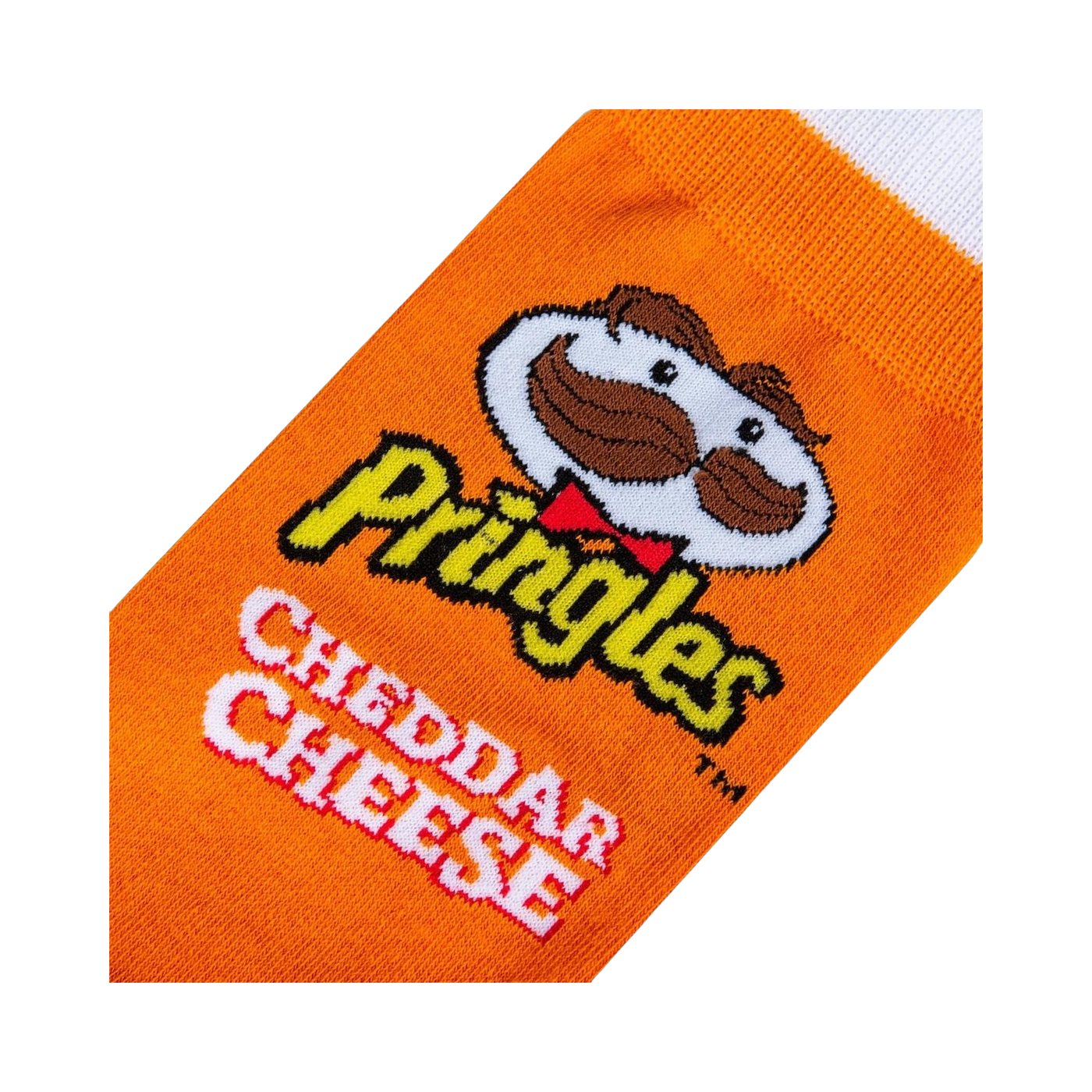 Close-up detail shot of the Pringles Cheddar Cheese logo and Mr. Pringle's face on the sock.