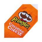 Close-up detail shot of the Pringles Cheddar Cheese logo and Mr. Pringle's face on the sock.