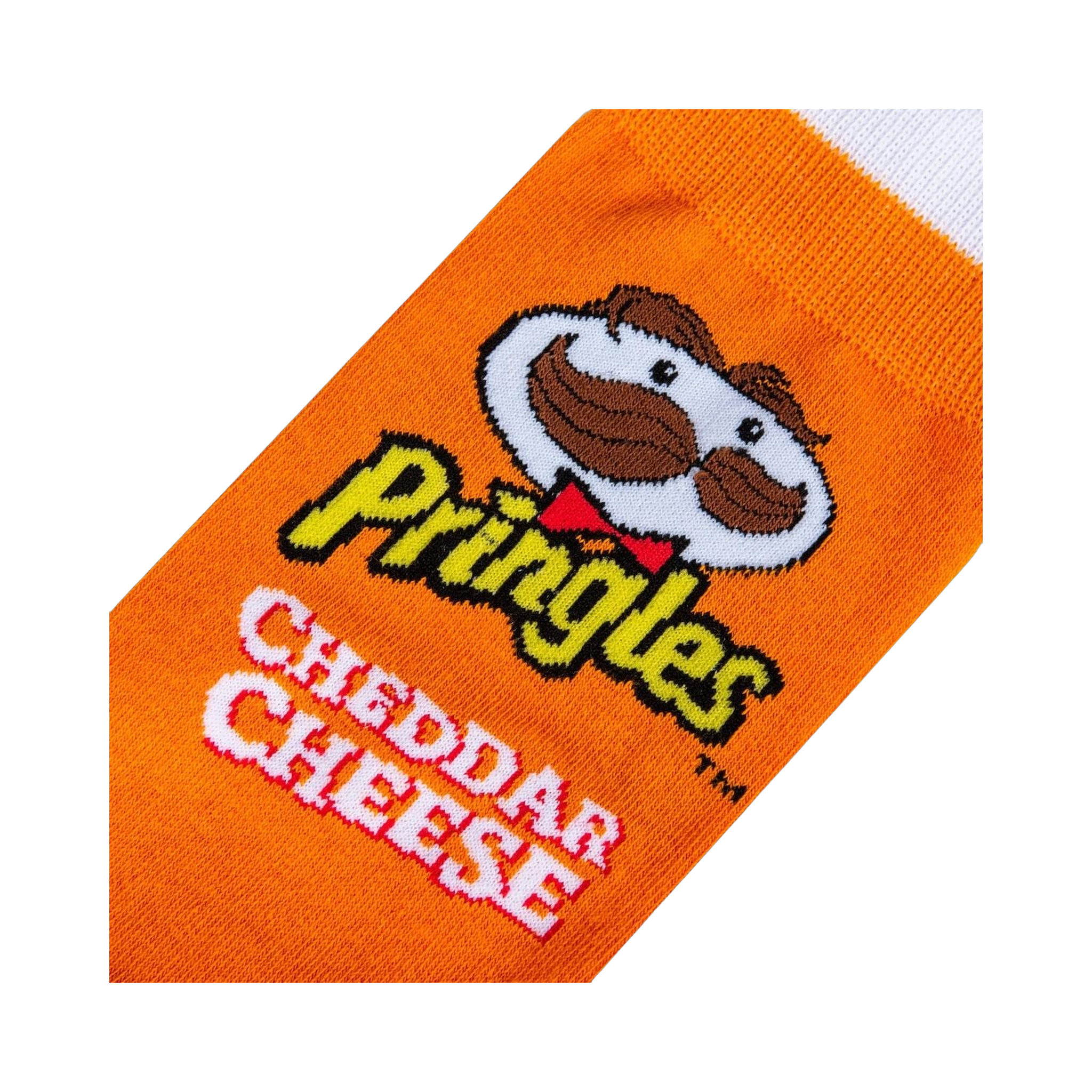 Close-up detail shot of the Pringles Cheddar Cheese logo and Mr. Pringle's face on the sock.