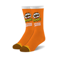 Pair of orange crew socks with the Pringles Cheddar Cheese logo and Mr. Pringle's mustache. White accents and brown heel.