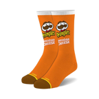 Pair of orange crew socks with the Pringles Cheddar Cheese logo and Mr. Pringle's mustache. White accents and brown heel.
