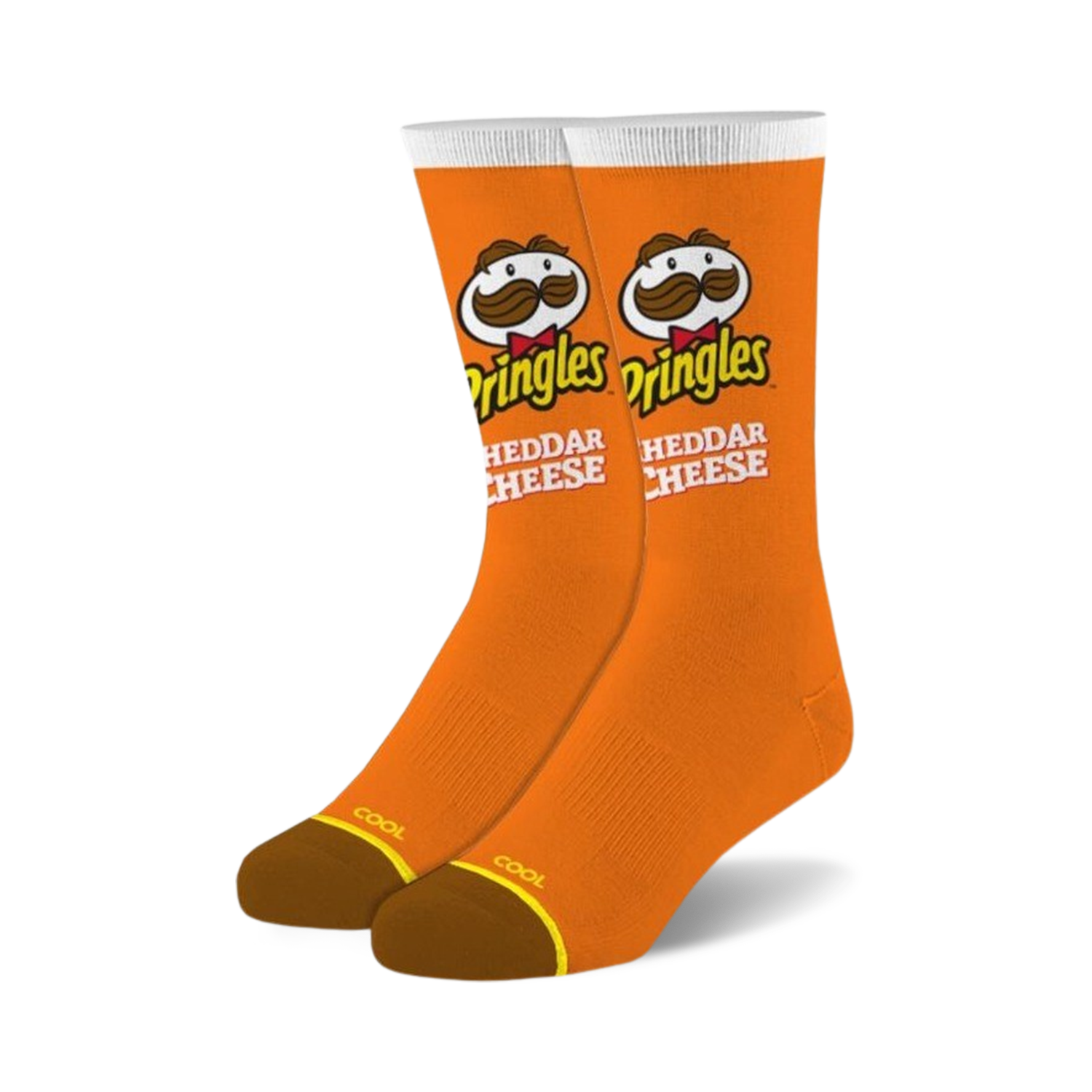 Pair of orange crew socks with the Pringles Cheddar Cheese logo and Mr. Pringle's mustache. White accents and brown heel.