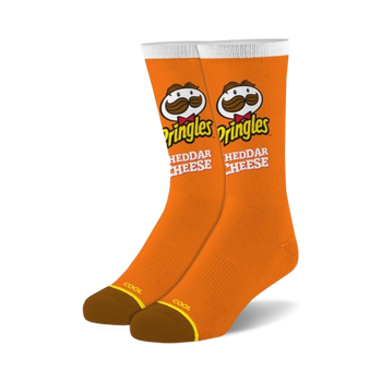 crew socks with repeating pringles cheddar cheese logo; men's and women's sizes. orange with white details.   