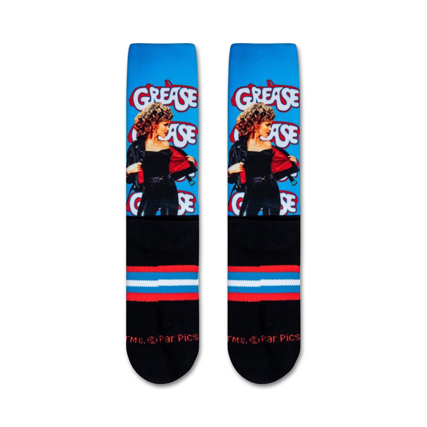 Flatlay image showing a pair of Grease socks, showcasing the full design from top to bottom.