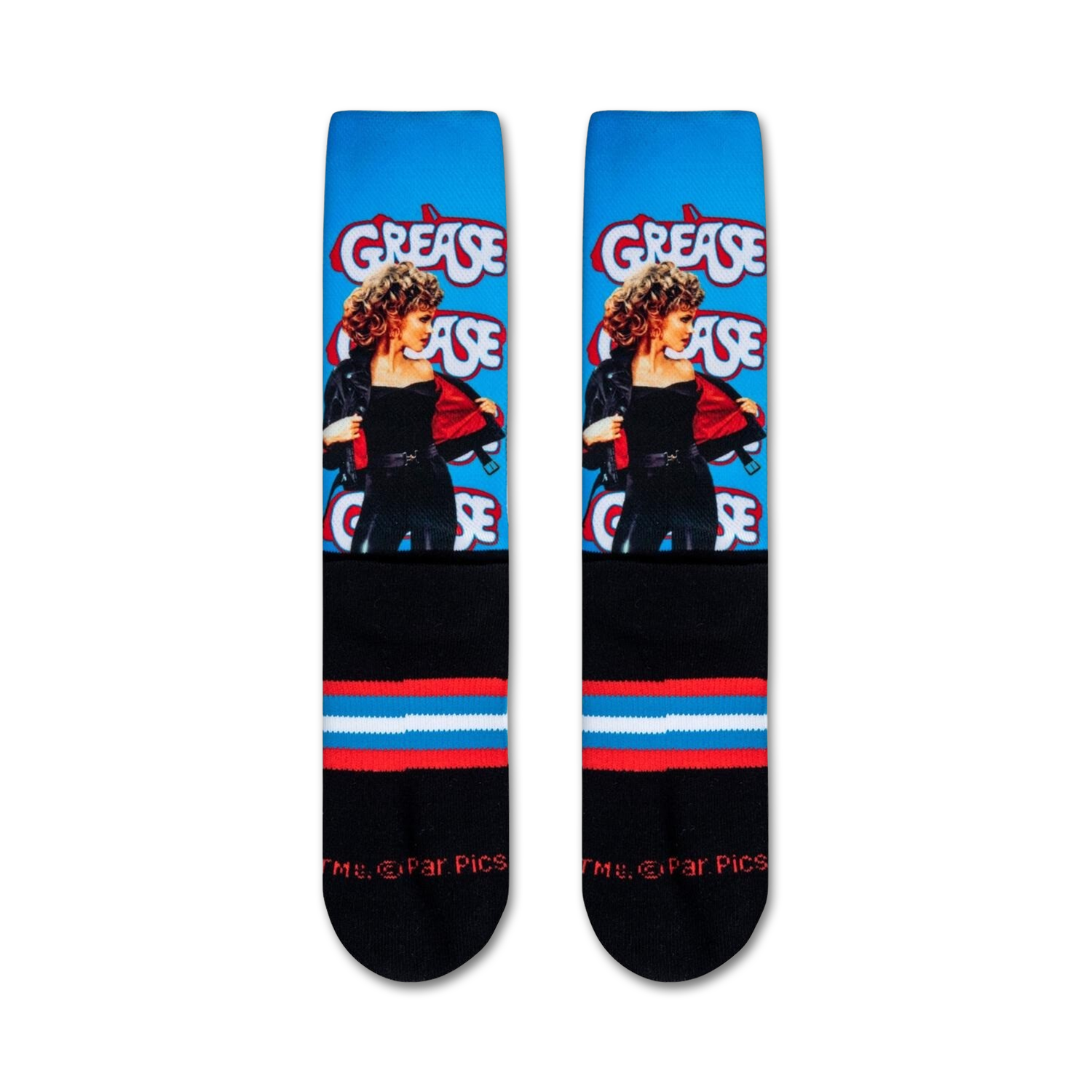 Flatlay image showing a pair of Grease socks, showcasing the full design from top to bottom.
