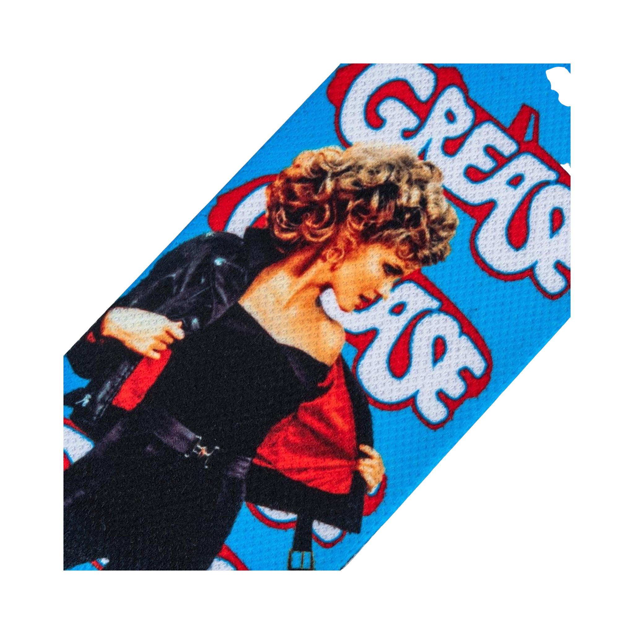 Close-up detail shot of the Grease sock design, focusing on Sandy's image and the movie title.