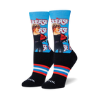 Crew socks featuring Sandy from Grease. Blue background with red and white stripes at the cuff.  Image shows the socks from the front.