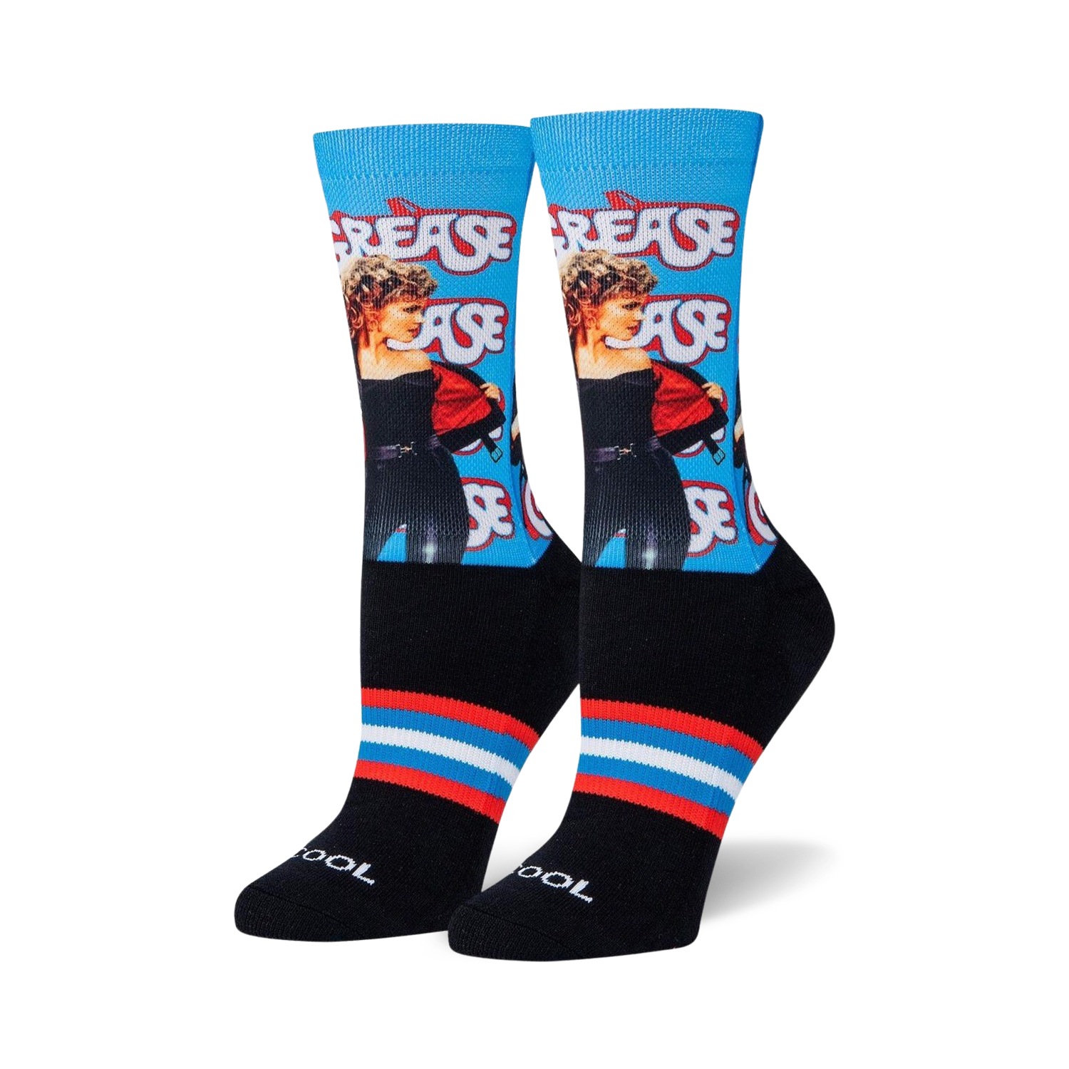 Crew socks featuring Sandy from Grease. Blue background with red and white stripes at the cuff.  Image shows the socks from the front.
