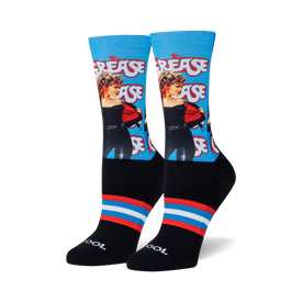 black socks with blue and red striped cuff and heel. crew length. female. grease movie themed repeating pattern.  