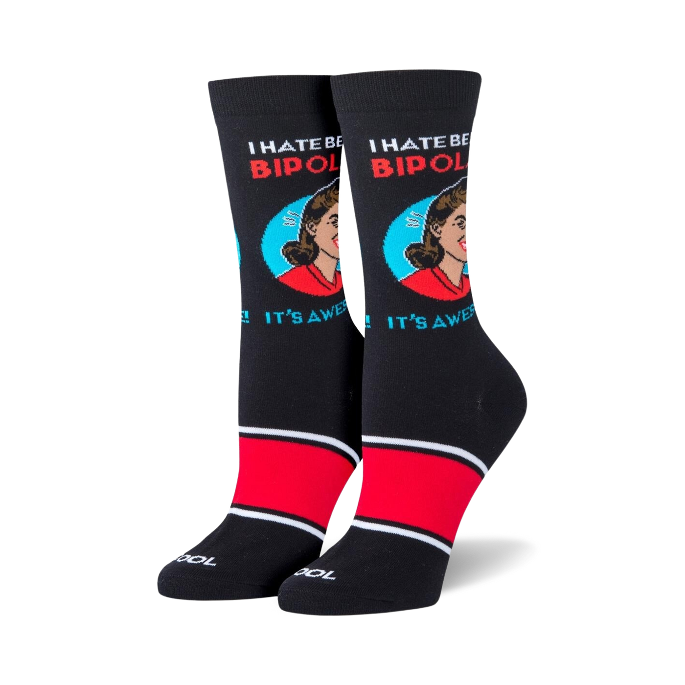 Lifestyle shot showing the 'Bipolar' socks on a model's feet.