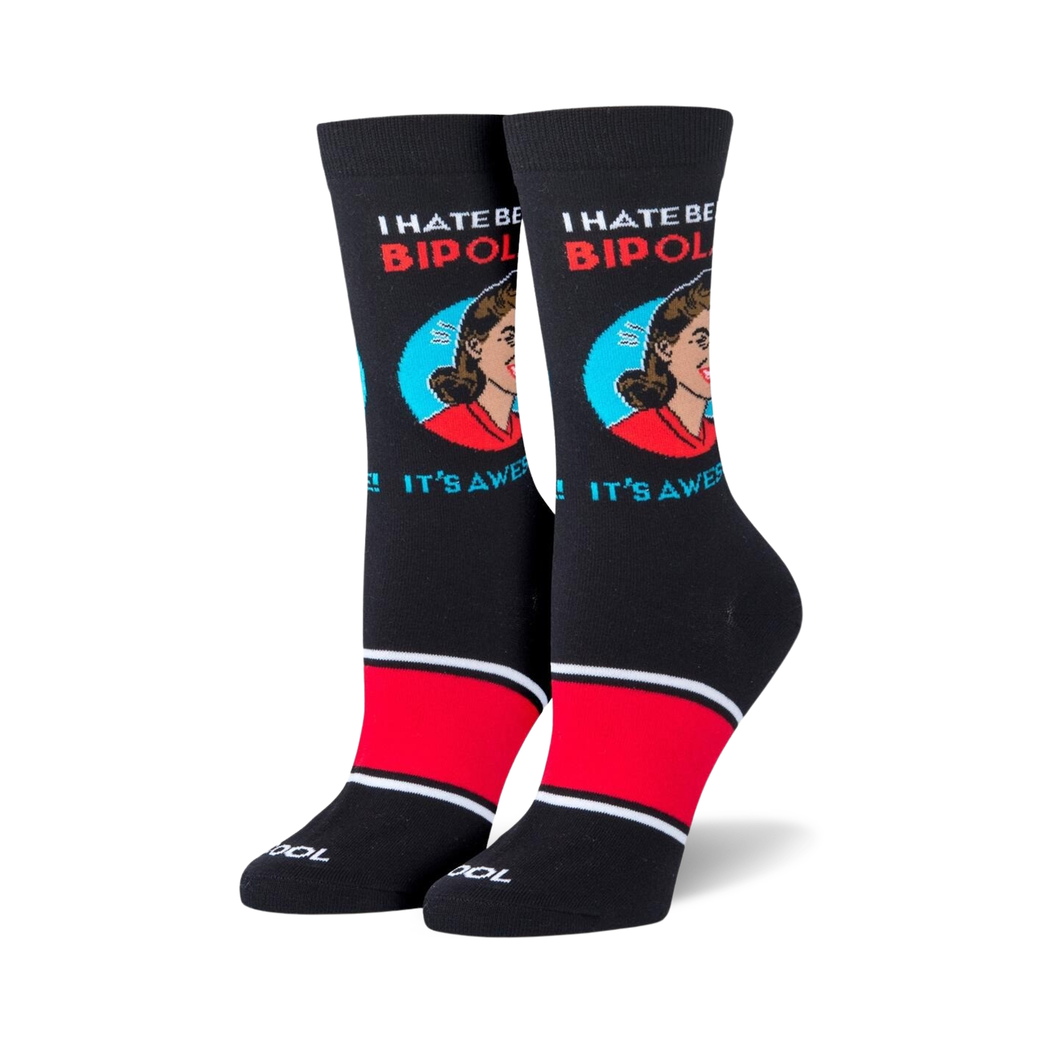 Lifestyle shot showing the 'Bipolar' socks on a model's feet.