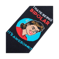 Close-up detail shot of the sock's graphic design: a woman's face and the humorous text.