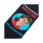 Close-up detail shot of the sock's graphic design: a woman's face and the humorous text.
