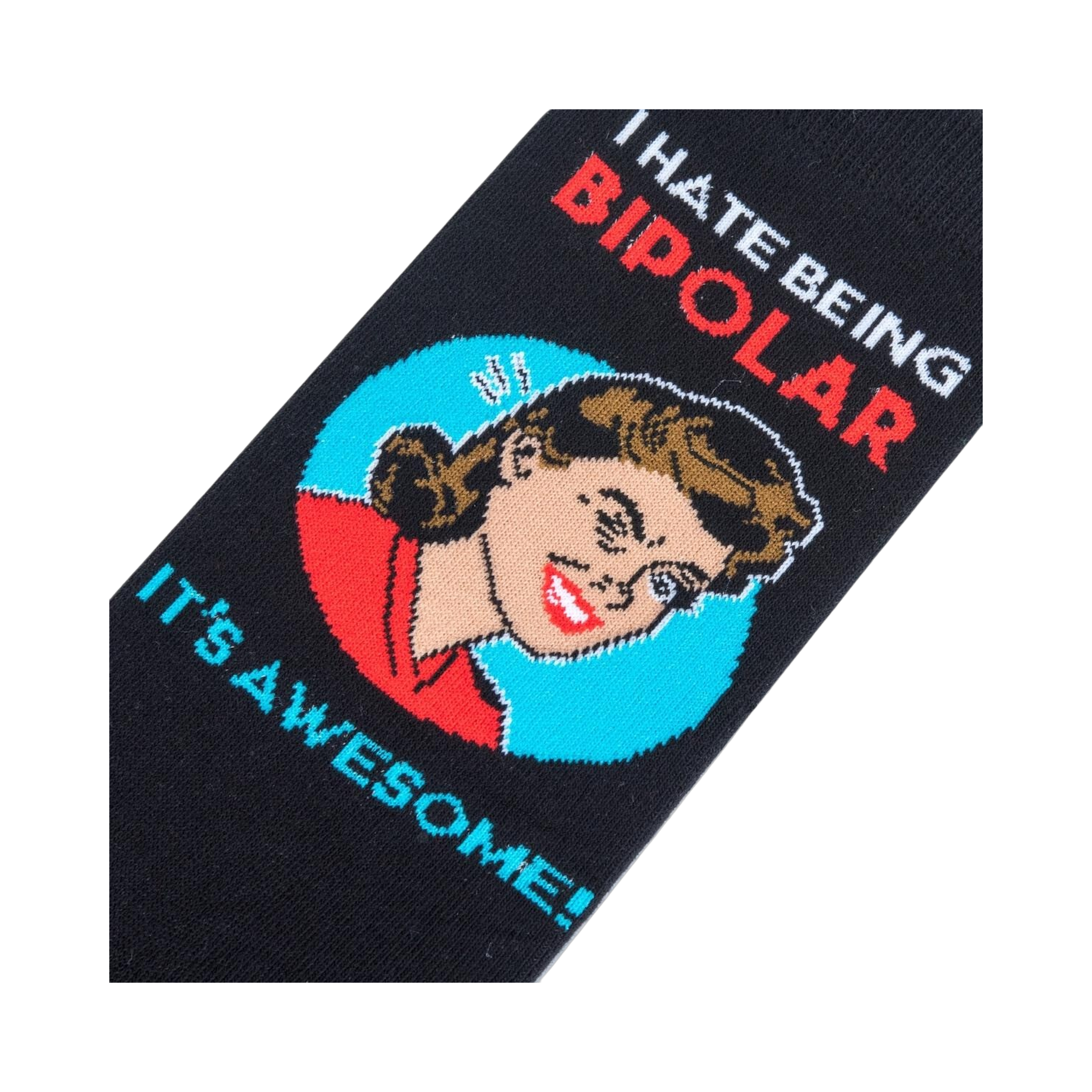 Close-up detail shot of the sock's graphic design: a woman's face and the humorous text.