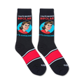 Pair of black crew socks with red accents. Feature a retro-style graphic of a woman with the text 'I HATE BEING BIPOLAR IT'S AWESOME!'
