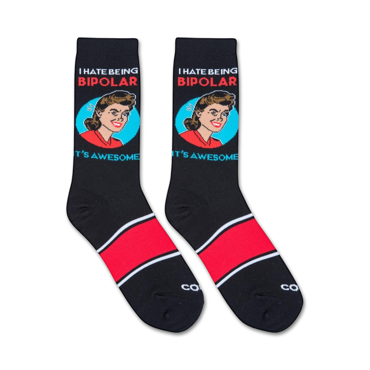 Pair of black crew socks with red accents. Feature a retro-style graphic of a woman with the text 'I HATE BEING BIPOLAR IT'S AWESOME!'
