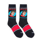 Pair of black crew socks with red accents. Feature a retro-style graphic of a woman with the text 'I HATE BEING BIPOLAR IT'S AWESOME!'