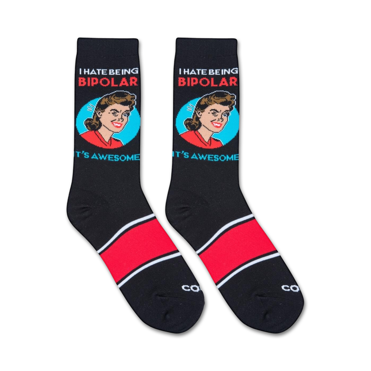 Pair of black crew socks with red accents. Feature a retro-style graphic of a woman with the text 'I HATE BEING BIPOLAR IT'S AWESOME!'