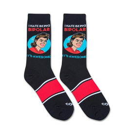 black and red knee socks with white cuff feature cartoon woman with brown hair and blue eyes and text that reads "i hate being bipolar...it's awesome!".  