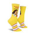 Lifestyle shot of a woman's legs wearing the IDGAS yellow crew socks. The socks are prominently displayed.
