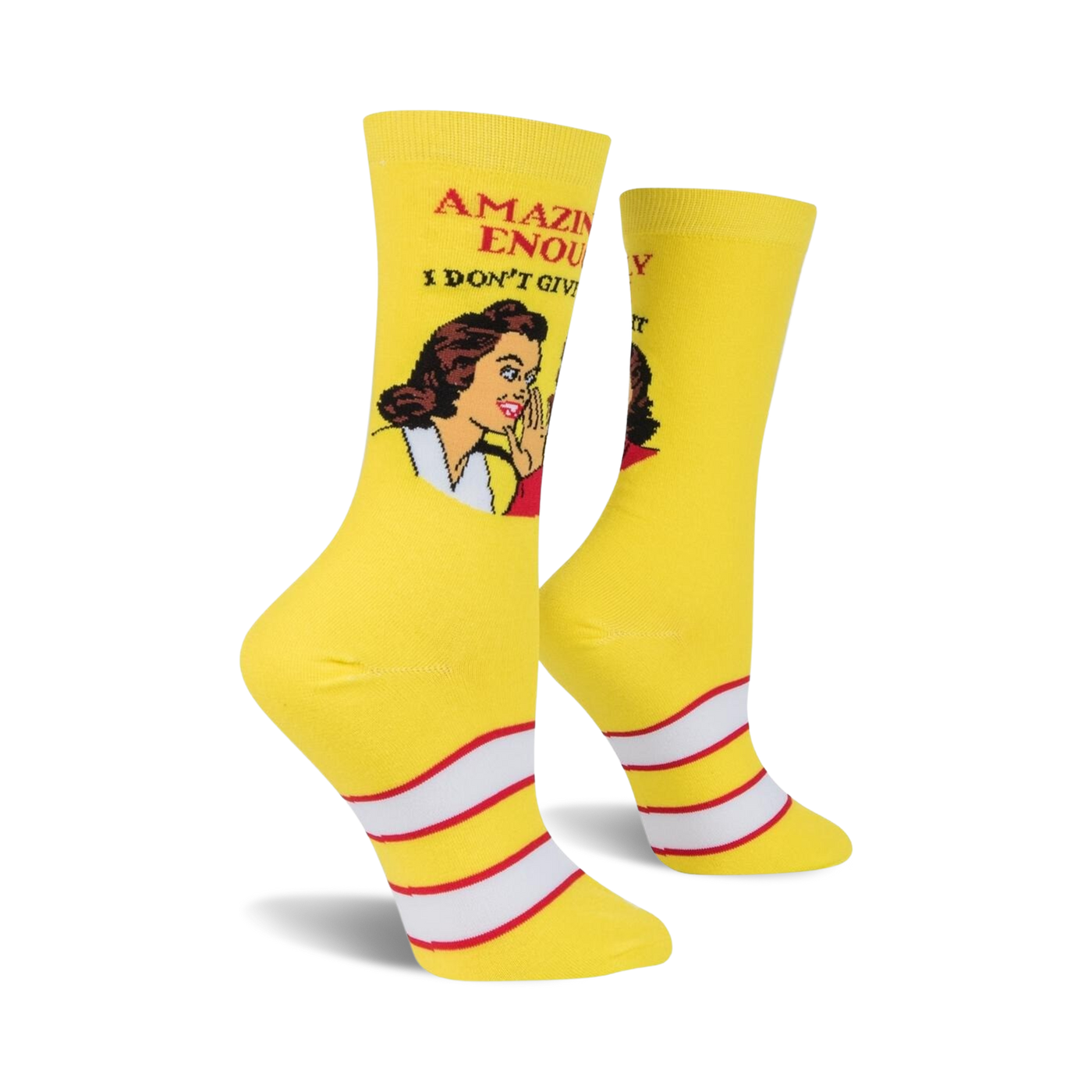 Lifestyle shot of a woman's legs wearing the IDGAS yellow crew socks. The socks are prominently displayed.