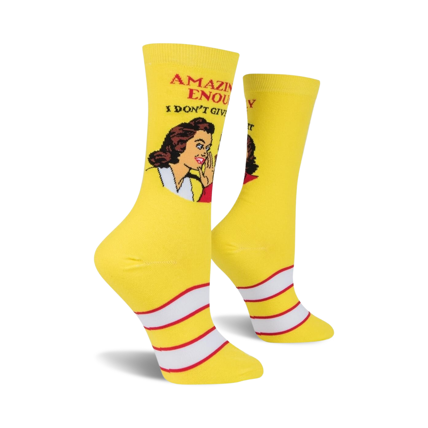 Lifestyle shot of a woman's legs wearing the IDGAS yellow crew socks. The socks are prominently displayed.