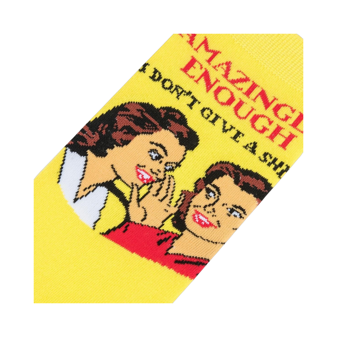Close-up detail shot of the 'Amazingly Enough, I Don't Give A Shit' graphic on the yellow crew socks.