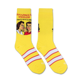 Pair of yellow crew socks featuring a retro graphic of two women gossiping and the text 'Amazingly Enough, I Don't Give A Shit'.