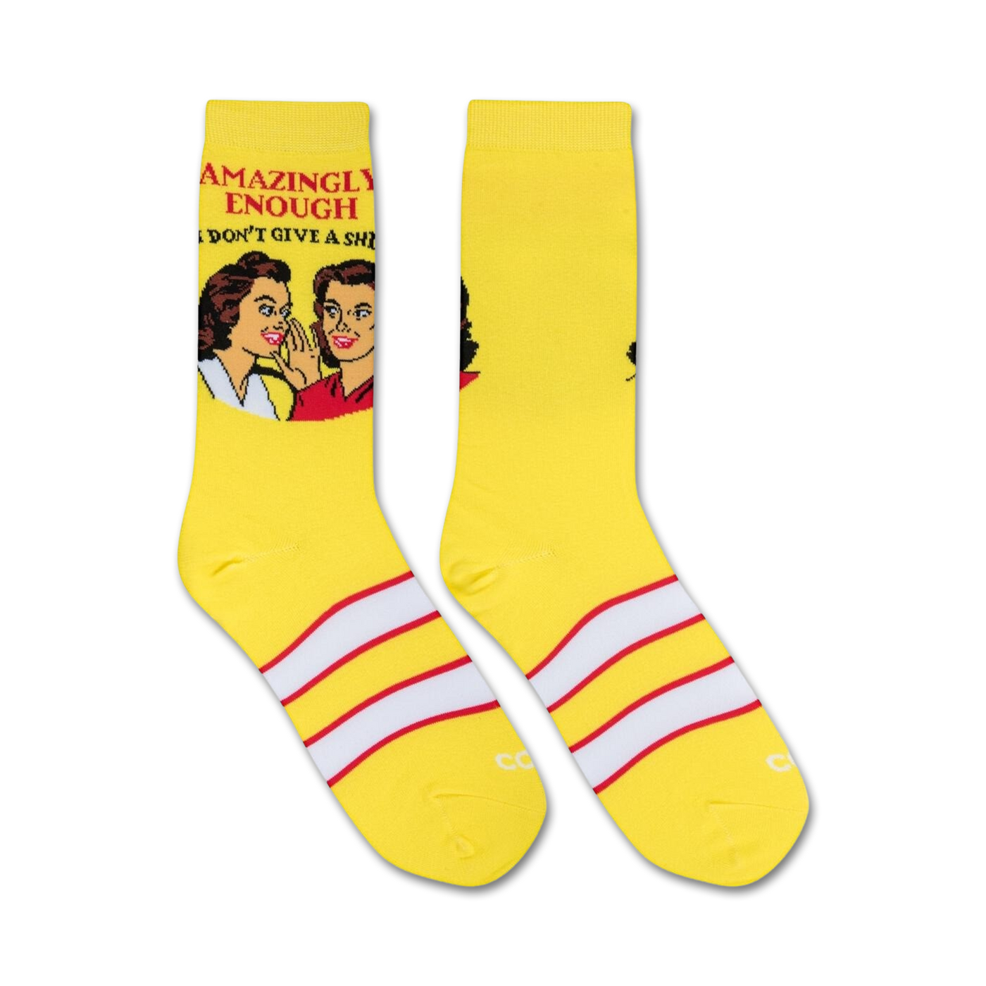 Pair of yellow crew socks featuring a retro graphic of two women gossiping and the text 'Amazingly Enough, I Don't Give A Shit'.