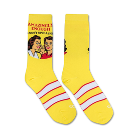 yellow crew socks with red and white stripes featuring two women, one telling the other "amazingly enough...i don't give a shit!"  