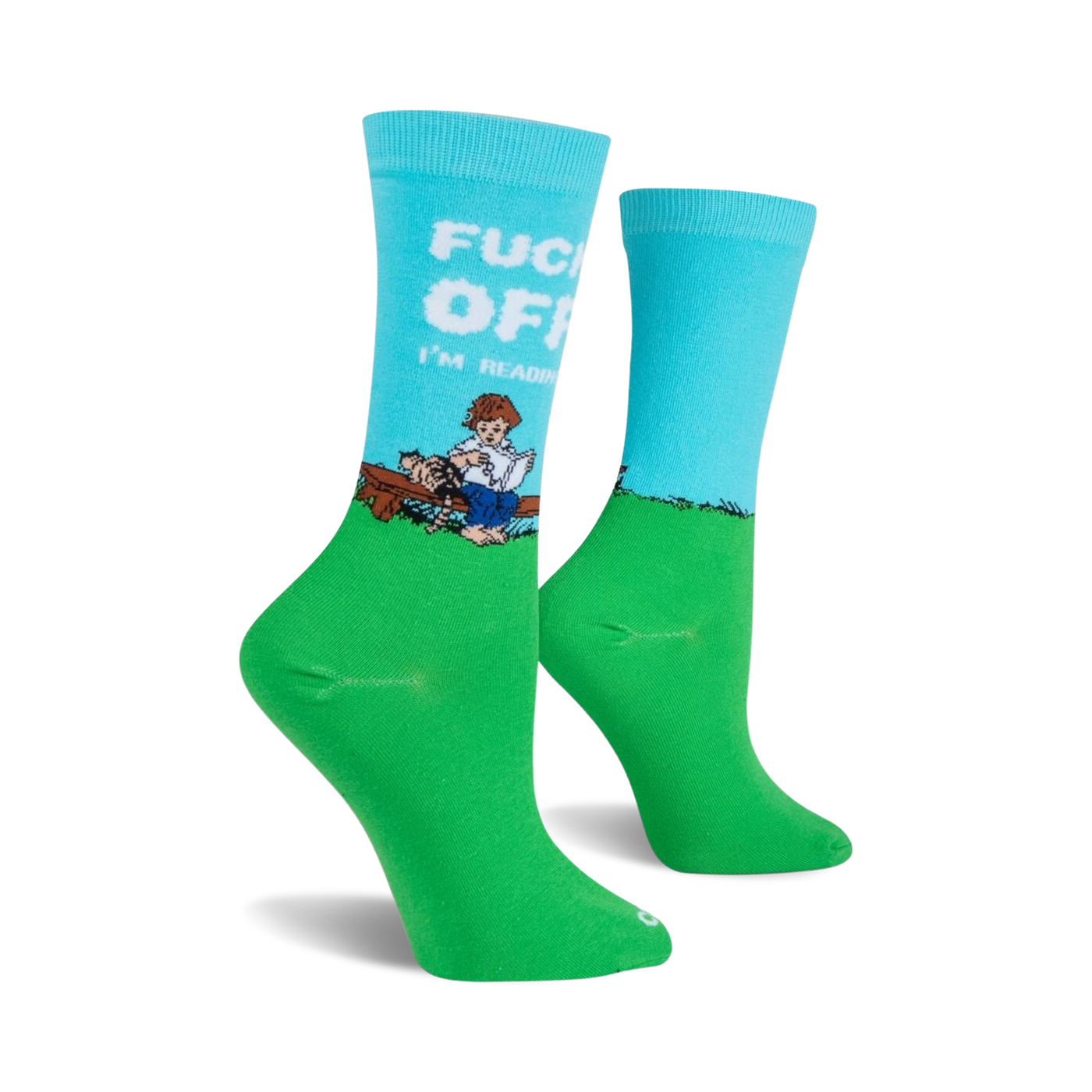 Lifestyle shot of the 'I'm Reading' socks on a person's feet.