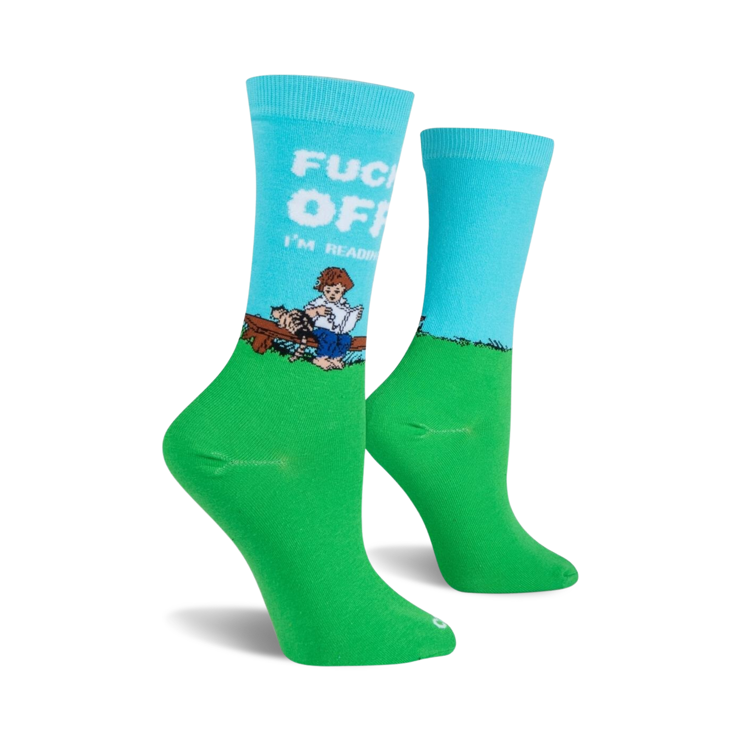 Lifestyle shot of the 'I'm Reading' socks on a person's feet.