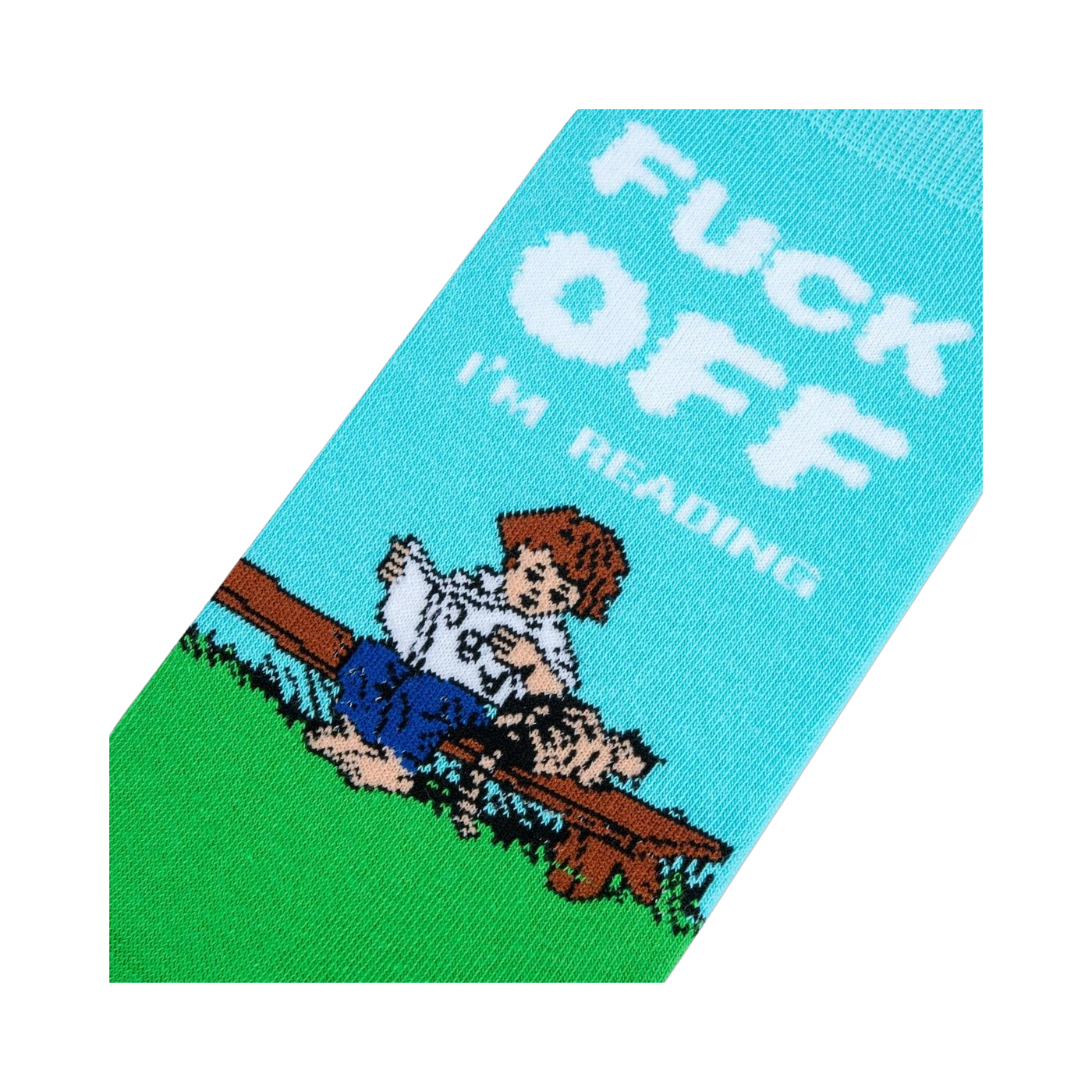 Close-up detail shot of the 'I'm Reading' sock design.